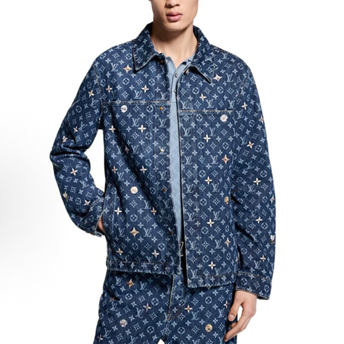 lv louis vuitton monogram embroidered denim trucker jacket & shorts